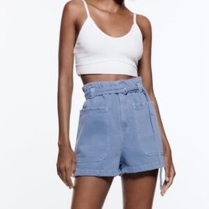 Zara Denim Paperbag Shorts with Belt Blue US 2